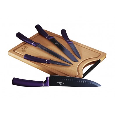 Sada nožů s nepřilnavým povrchem + prkénko 6 ks Purple Metallic Line