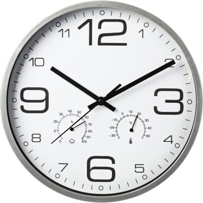 Nástěnné hodiny s teploměrem a vlhkoměrem 30 cm stříbrný rám